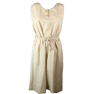 Riva Dress Womens Sz M‎ Beige Linen Cotton Floral Embroidered Tie Waist A Line